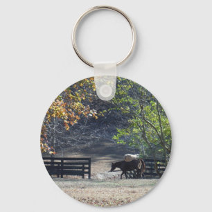 Brown Horse walking through Fence Key Ring