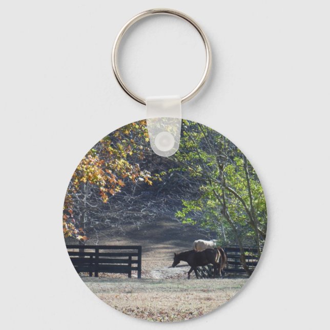Brown Horse walking through Fence Key Ring (Front)