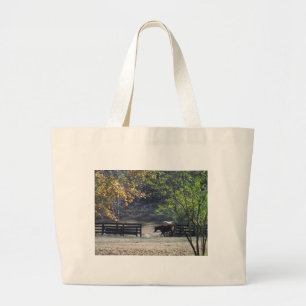 Brown Horse walking through Fence Large Tote Bag