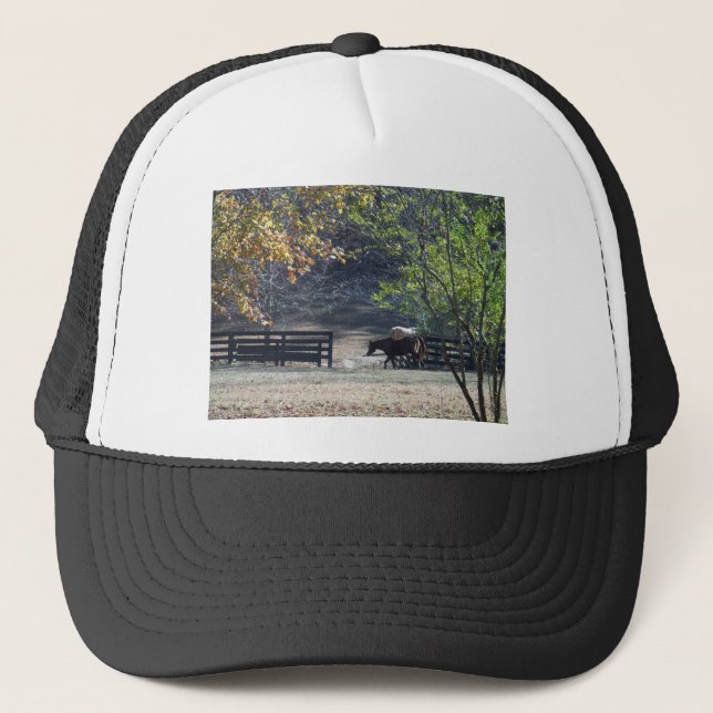 Brown Horse walking through Fence Trucker Hat (Front)