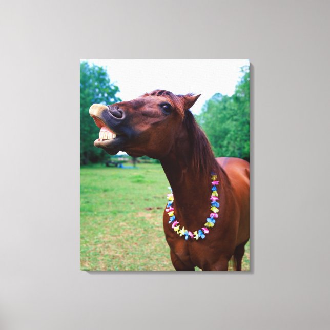 Brown horse wearing necklace, baring teeth, canvas print (Front)