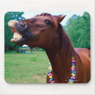 Brown horse wearing necklace, baring teeth, mouse mat