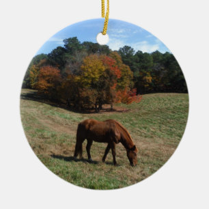 Brown horse with fall trees ceramic tree decoration
