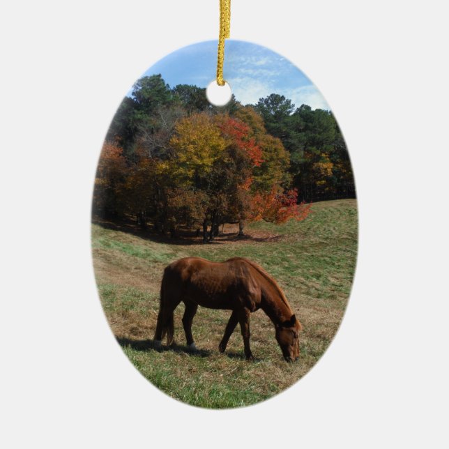 Brown horse with fall trees ceramic tree decoration (Front)