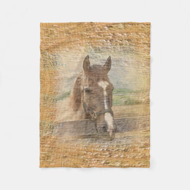 Brown Horse with Halter on Old Wood Fleece Blanket (Front)