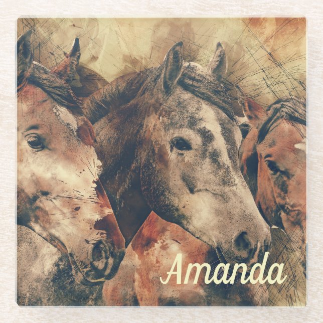 Brown Horses Glass Coaster (Front)