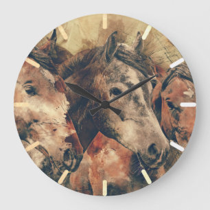 Brown Horses Large Clock