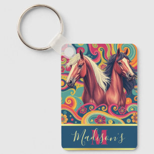 Brown Horses on colourful pattern name Keychain