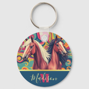 Brown Horses on colourful pattern name Keychain