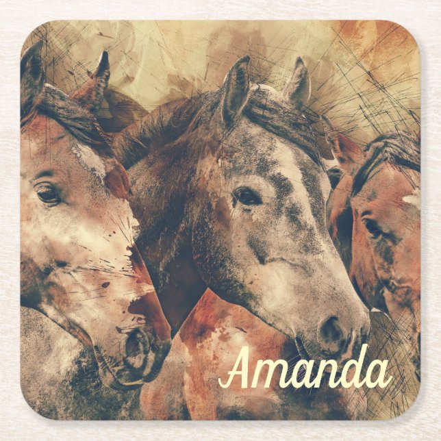 Brown Horses Square Paper Coaster (Front)