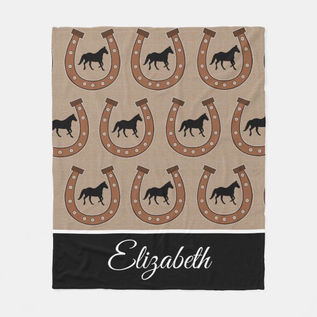 Brown Horseshoe and Black Horse Fleece Blanket (Front)