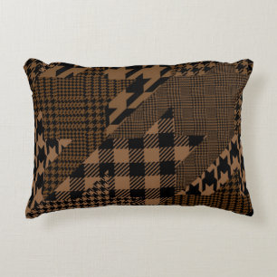Brown Houndstooth Plaid Pattern Patchwork Collage Decorative Cushion