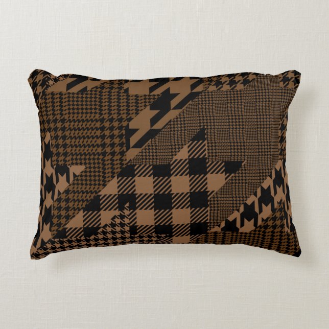 Brown Houndstooth Plaid Pattern Patchwork Collage Decorative Cushion (Front)