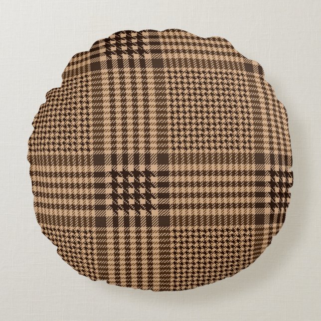 Brown Houndstooth Scottish Check Plaid Pattern Round Cushion (Front)