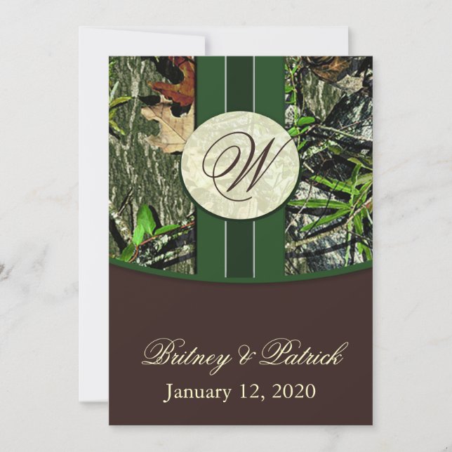 Brown & Hunter Green Camo Wedding Invitations (Front)