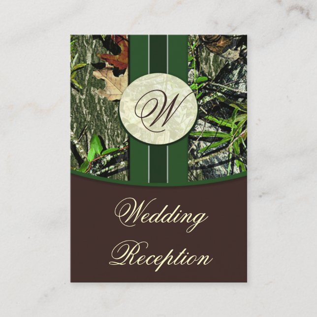 Brown & Hunter Green Camo Wedding Reception Cards (Front)