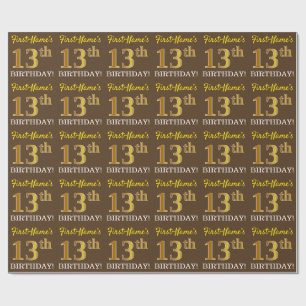 Brown, Imitation Gold Look "13th BIRTHDAY" Wrapping Paper