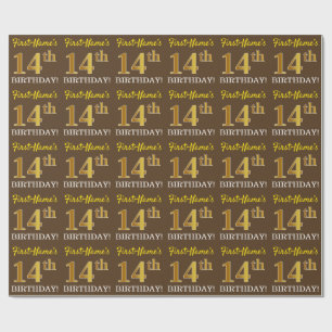 Brown, Imitation Gold Look "14th BIRTHDAY" Wrapping Paper