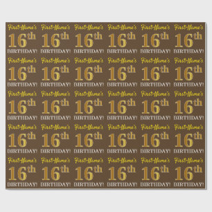 Brown, Imitation Gold Look "16th BIRTHDAY" Wrapping Paper