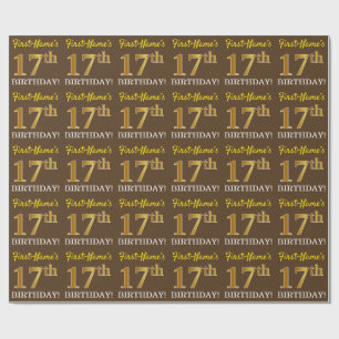 Brown, Imitation Gold Look "17th BIRTHDAY" Wrapping Paper