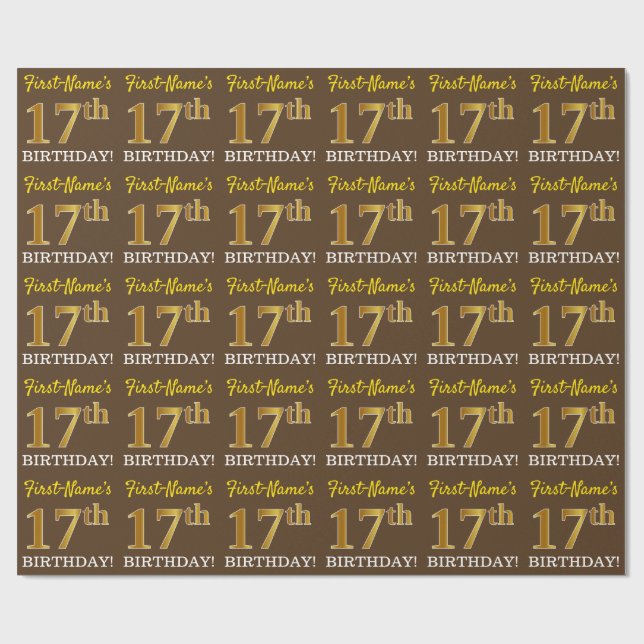 Brown, Imitation Gold Look "17th BIRTHDAY" Wrapping Paper (Flat)