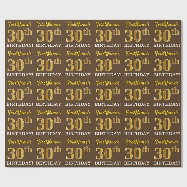 Brown, Imitation Gold Look "30th BIRTHDAY" Wrapping Paper (Flat)