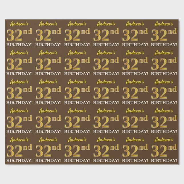 Brown, Imitation Gold Look "32nd BIRTHDAY" Wrapping Paper (Flat)