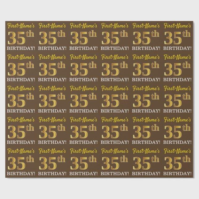 Brown, Imitation Gold Look "35th BIRTHDAY" Wrapping Paper (Flat)