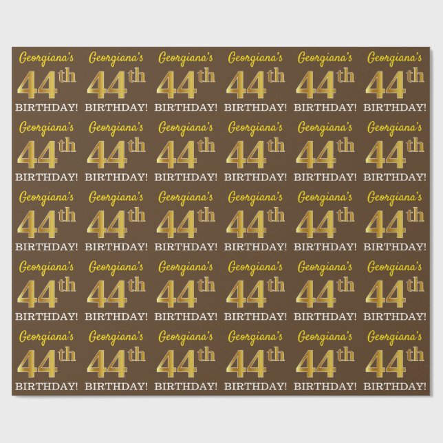 Brown, Imitation Gold Look "44th BIRTHDAY" Wrapping Paper (Flat)