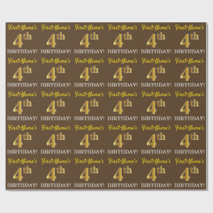 Brown, Imitation Gold Look "4th BIRTHDAY" Wrapping Paper