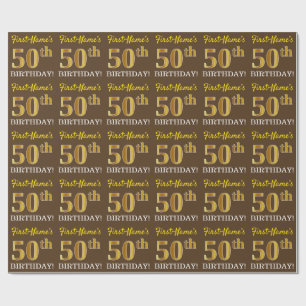 Brown, Imitation Gold Look "50th BIRTHDAY" Wrapping Paper