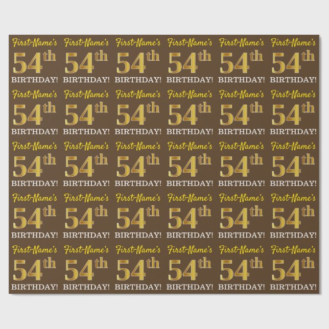 Brown, Imitation Gold Look "54th BIRTHDAY" Wrapping Paper (Flat)