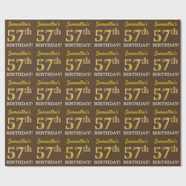Brown, Imitation Gold Look "57th BIRTHDAY" Wrapping Paper (Flat)
