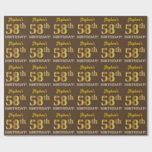 Brown, Imitation Gold Look "58th BIRTHDAY" Wrapping Paper