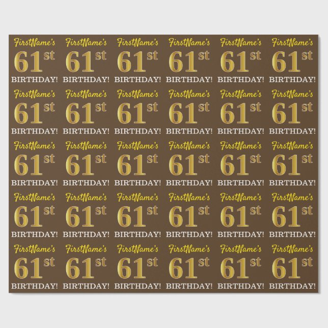 Brown, Imitation Gold Look "61st BIRTHDAY" Wrapping Paper (Flat)