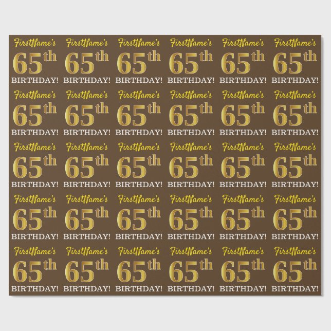 Brown, Imitation Gold Look "65th BIRTHDAY" Wrapping Paper (Flat)