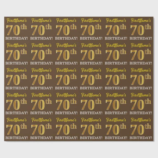 Brown, Imitation Gold Look "70th BIRTHDAY" Wrapping Paper (Flat)