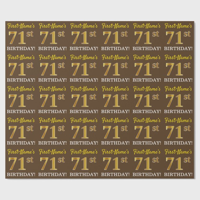 Brown, Imitation Gold Look "71st BIRTHDAY" Wrapping Paper (Flat)