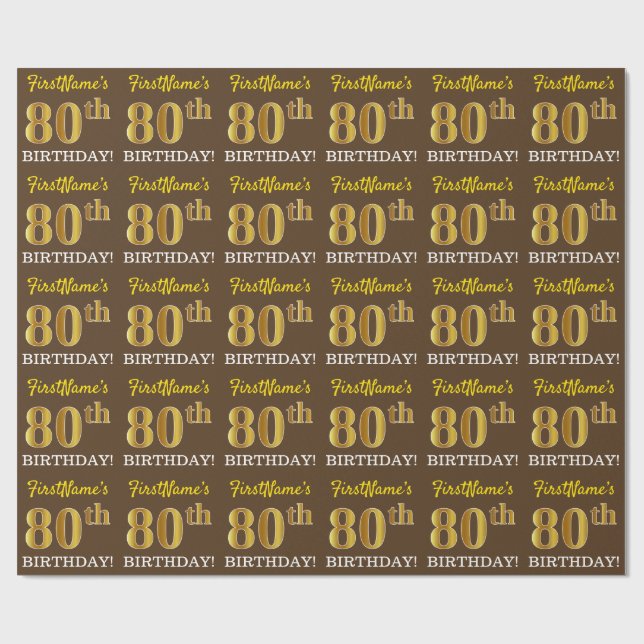 Brown, Imitation Gold Look "80th BIRTHDAY" Wrapping Paper (Flat)