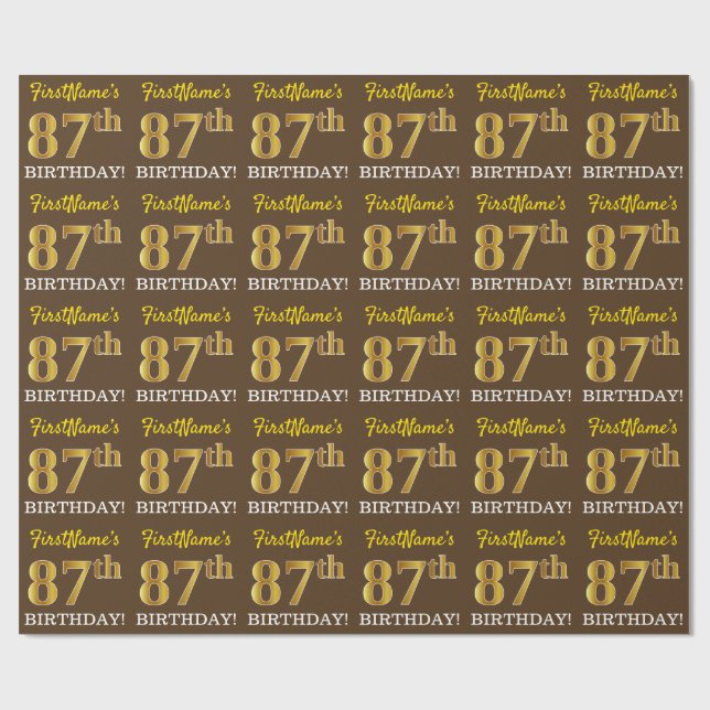 Brown, Imitation Gold Look "87th BIRTHDAY" Wrapping Paper (Flat)