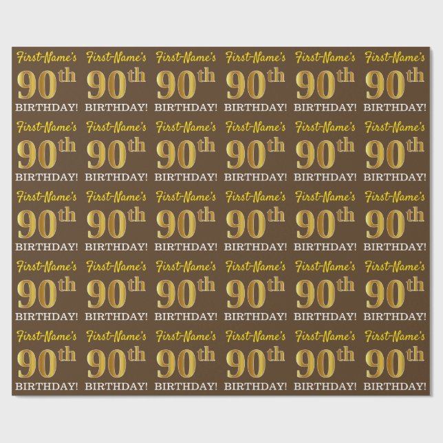 Brown, Imitation Gold Look "90th BIRTHDAY" Wrapping Paper (Flat)