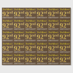 Brown, Imitation Gold Look "92nd BIRTHDAY" Wrapping Paper