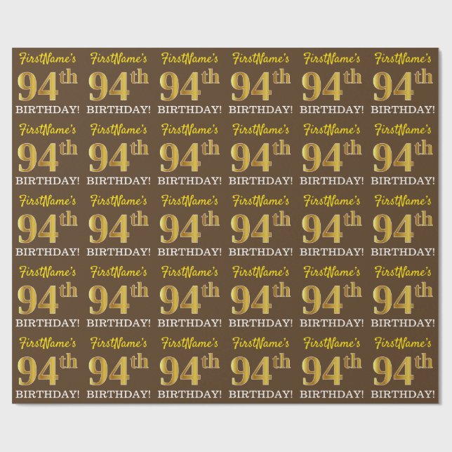 Brown, Imitation Gold Look "94th BIRTHDAY" Wrapping Paper (Flat)