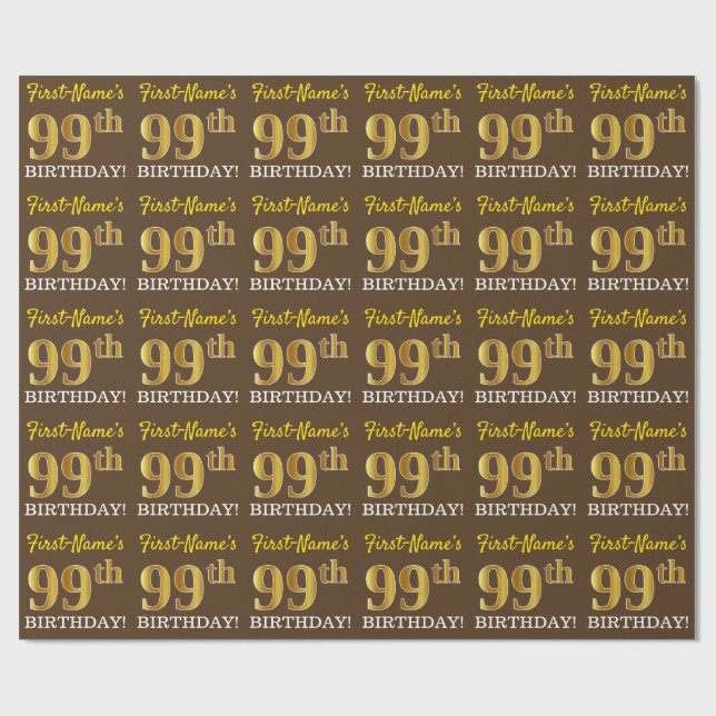 Brown, Imitation Gold Look "99th BIRTHDAY" Wrapping Paper (Flat)