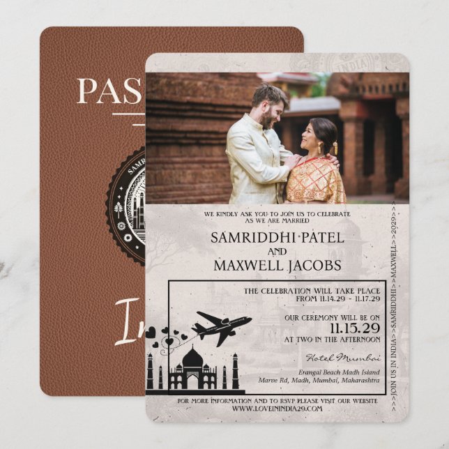 Brown India Passport Wedding Invitation (Front/Back)