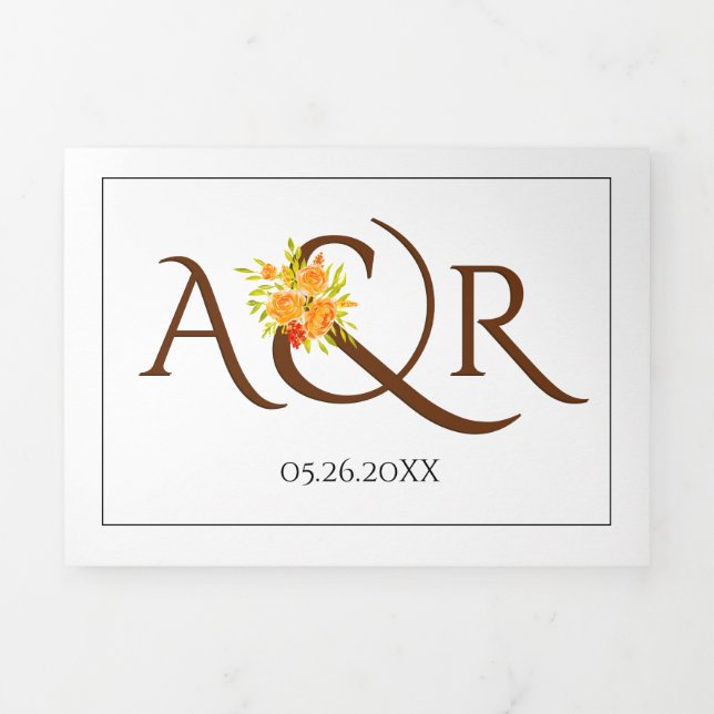 Brown initials ampersand orange roses fall wedding Tri-Fold invitation (Cover)