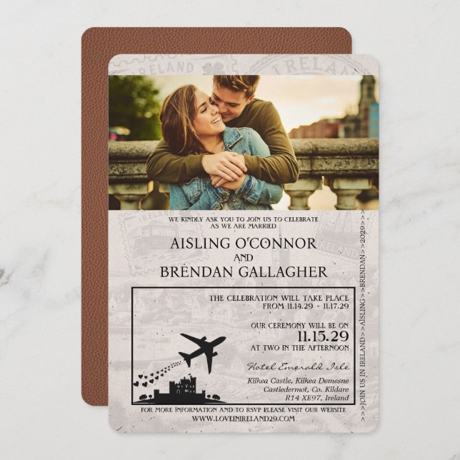 Brown Ireland Passport Wedding Invitation (Front/Back)