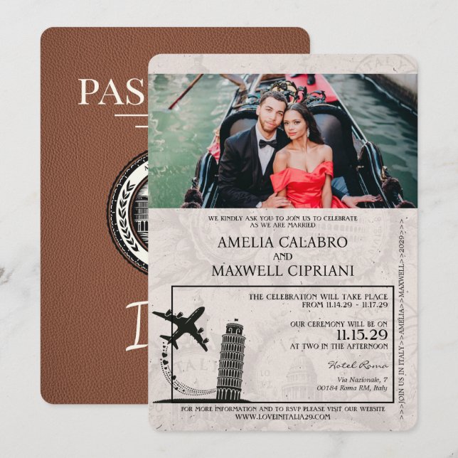 Brown Italy Passport Wedding Invitation (Front/Back)
