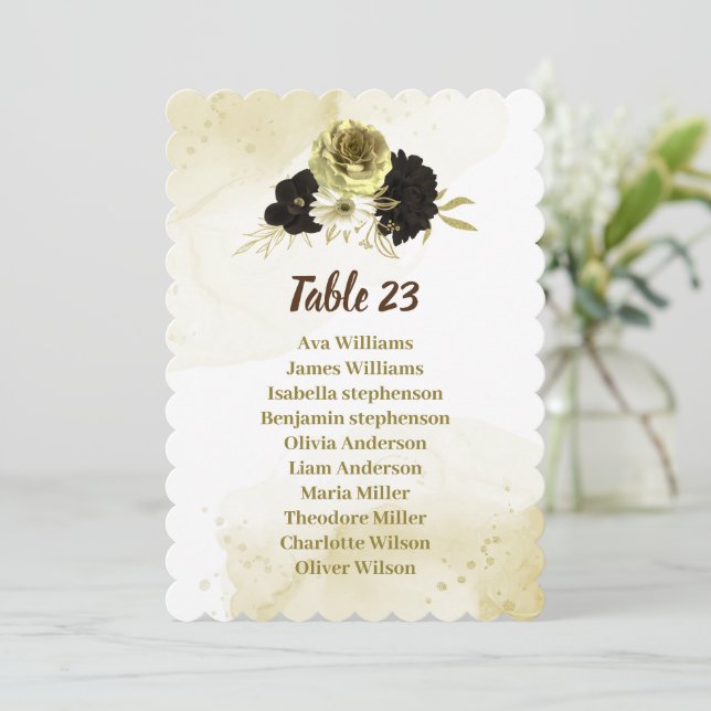 Brown ivory gold floral wedding seating chart card (Standing Front)