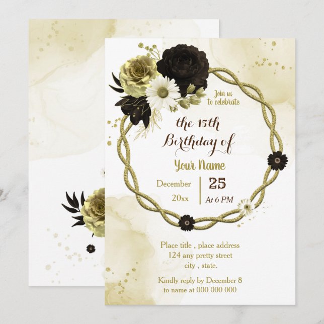 brown ivory gold floral wreath birthday party invitation (Front/Back)